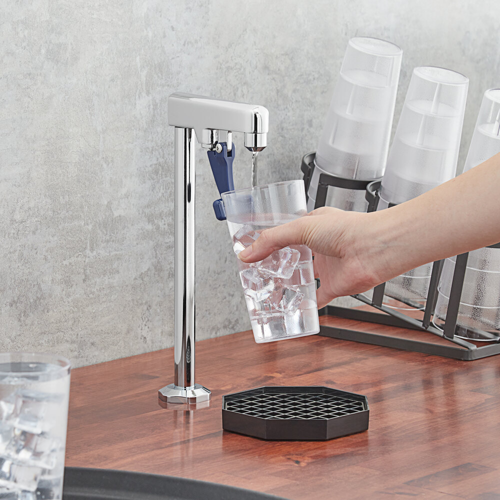 A Waterloo countertop glass filler with a chrome body and blue handle.