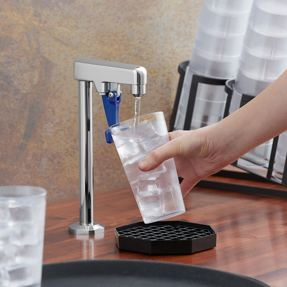 A Waterloo countertop glass filler faucet with a blue handle.