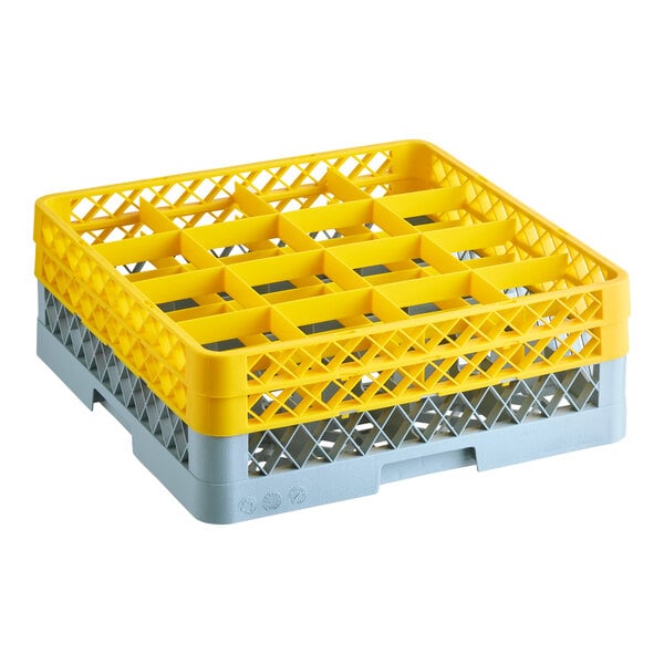 16-Compartment Gray Full-Size Glass Rack with 2 Yellow Extenders