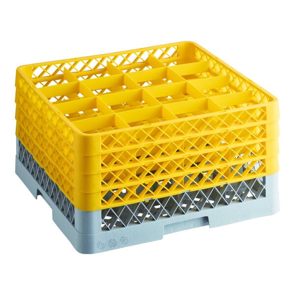 16-Compartment Gray Full-Size Glass Rack with 4 Yellow Extenders