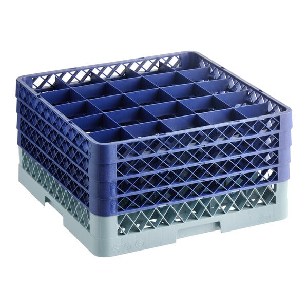 25-Compartment Gray Full-Size Glass Rack with 4 Blue Extenders