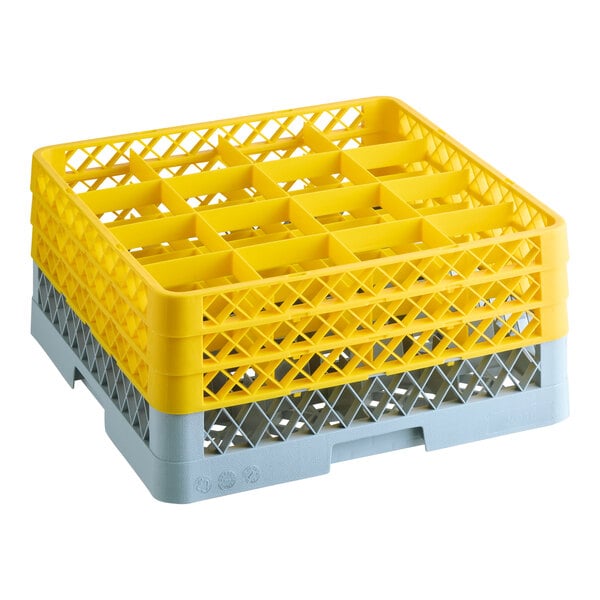 16-Compartment Gray Full-Size Glass Rack with 3 Yellow Extenders