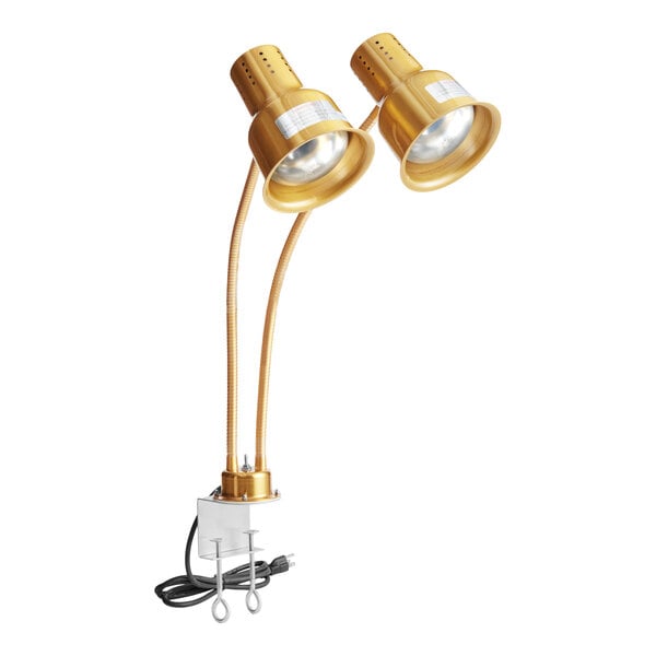 24" Gold Dual Arm Stainless Steel Heat Lamp with  PCLMPSS Stainless Steel Clamp - 120V, 500W