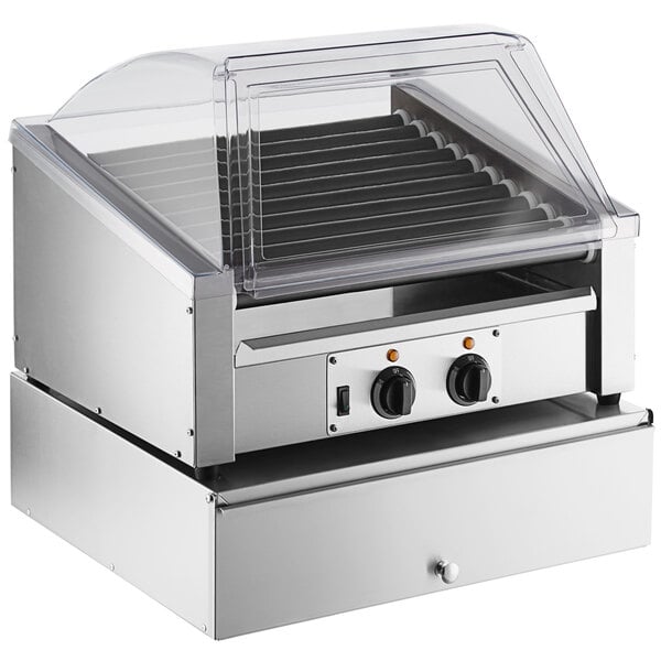 30 Slanted Hot Dog Non-Stick Roller Grill with Sneeze Guard and 100 Bun Cabinet