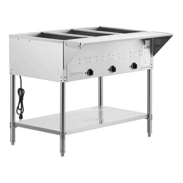 Three Pan Open Well Electric Steam Table with Undershelf - 120V, 1500W