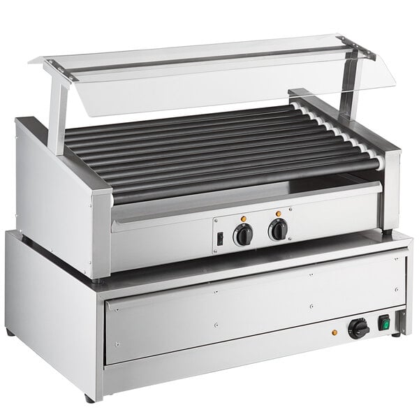 RG1850SLT 50 Slanted Hot Dog Non-Stick Roller Grill with 48 Bun Warmer and Pass-Through Canopy - 120V, 1460W