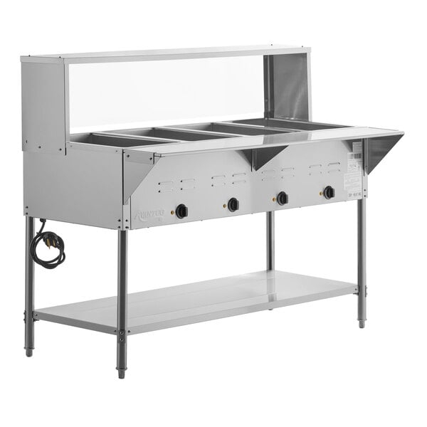 Four Pan Open Well Electric Steam Table with Undershelf, Overshelf, and Sneeze Guard - 208/240V, 3000W