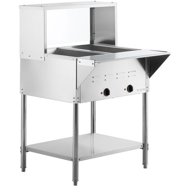 Two Pan Open Well Electric Steam Table with Undershelf, Overshelf, and Sneeze Guard - 120V, 1000W