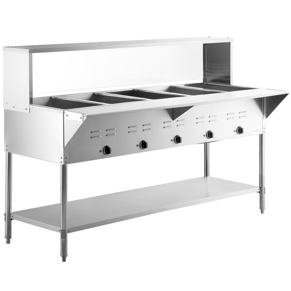 Five Pan Open Well Electric Steam Table with Undershelf, Overshelf, and Sneeze Guard - 208/240V, 3750W