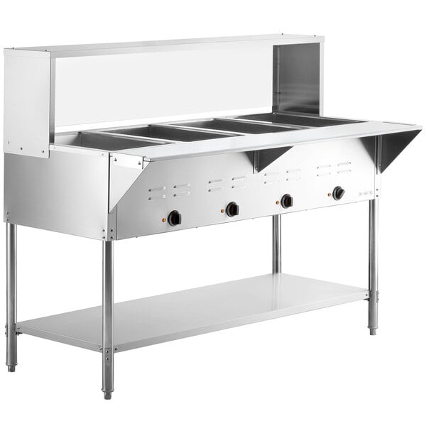 Four Pan Open Well Electric Steam Table with Undershelf, Overshelf, and Sneeze Guard - 120V, 2000W
