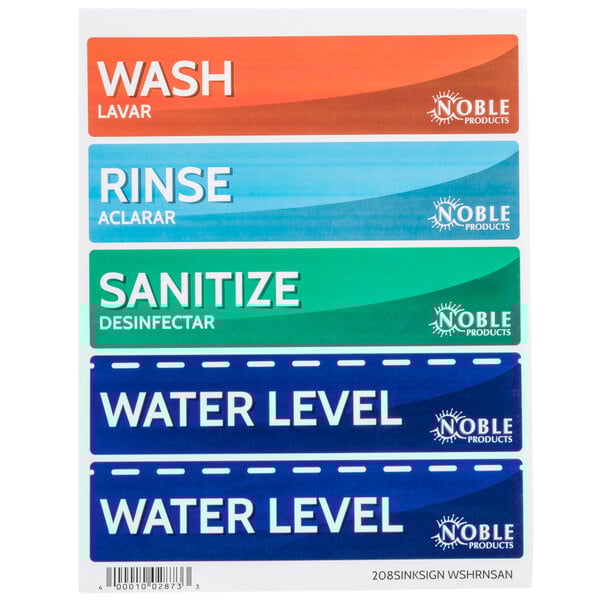 Wash, Rinse, Sanitize, and Water Level Permanent Sink Labels