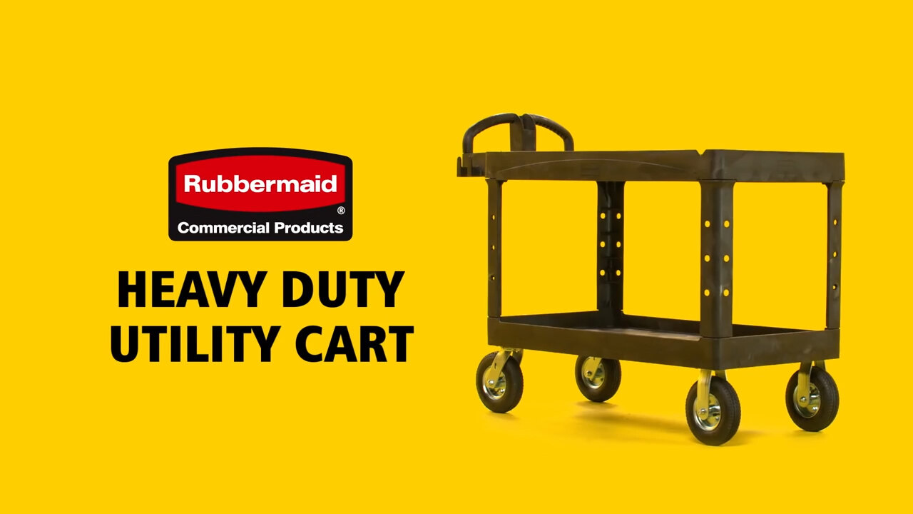 Rubbermaid FG454610BLA Black Large Lipped Heavy Duty Two Shelf Utility Cart  with Ergonomic Handle and 8 Pneumatic Casters